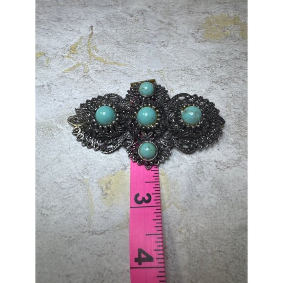 Vintage Large Statement Brooch Silver Tone with Turquoise Stones - Picture 5 of 6